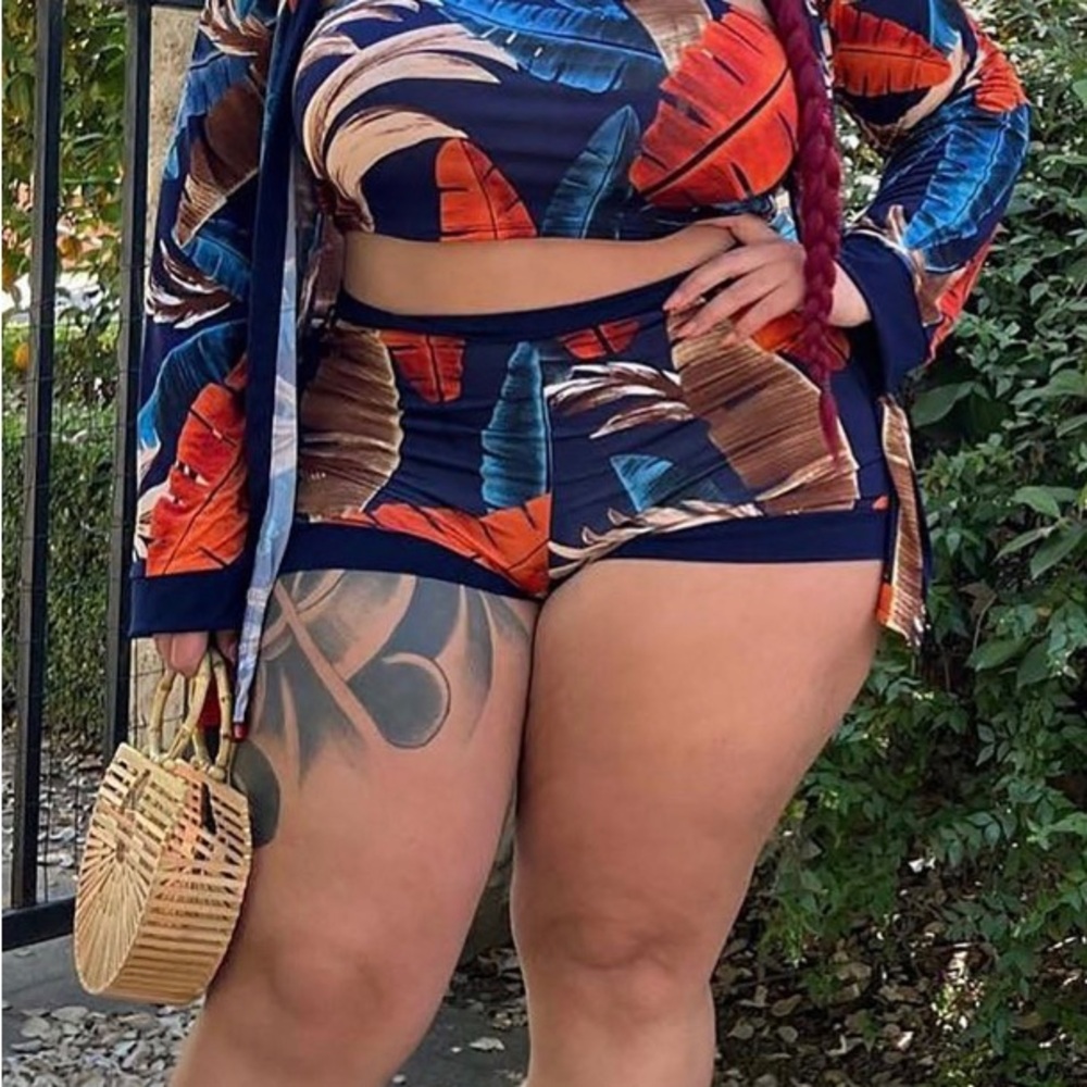 Colorful Leaf Print Three Piece Set